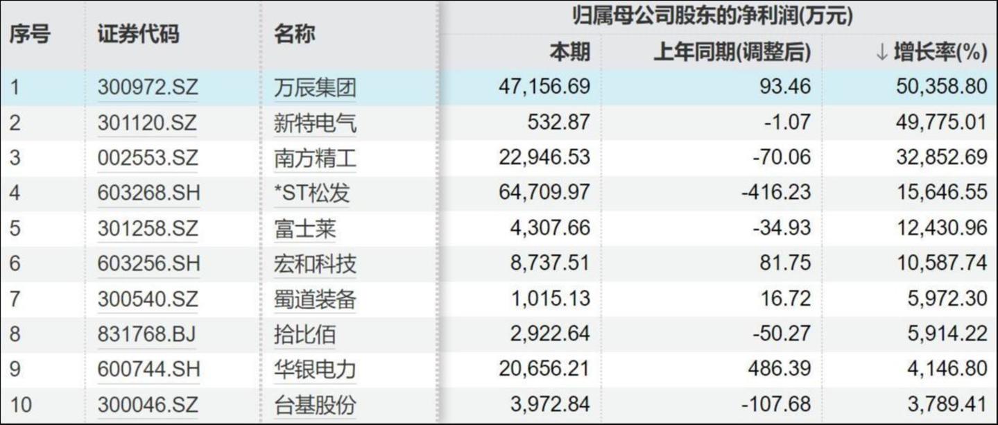 净利润增速top10，来源：Wind