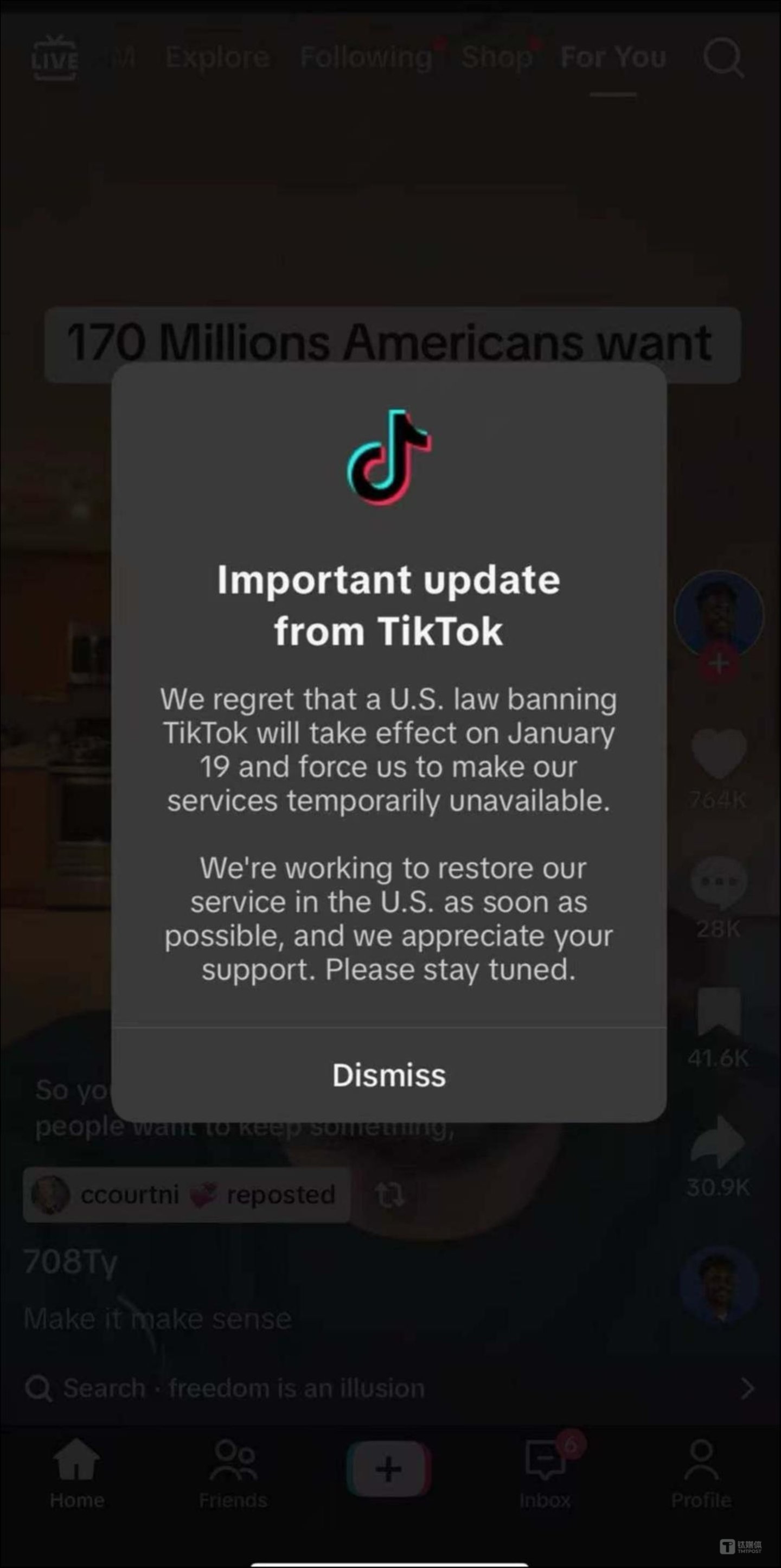 TikTok发送给用户的弹窗通知。